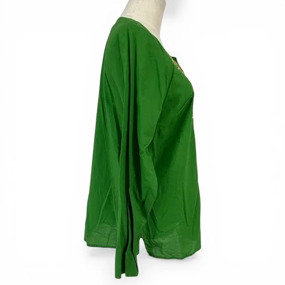 Susan Graver Style Green Cotton Embroidered Tunic Top Gold Beadwork Medium - Picture 6 of 10